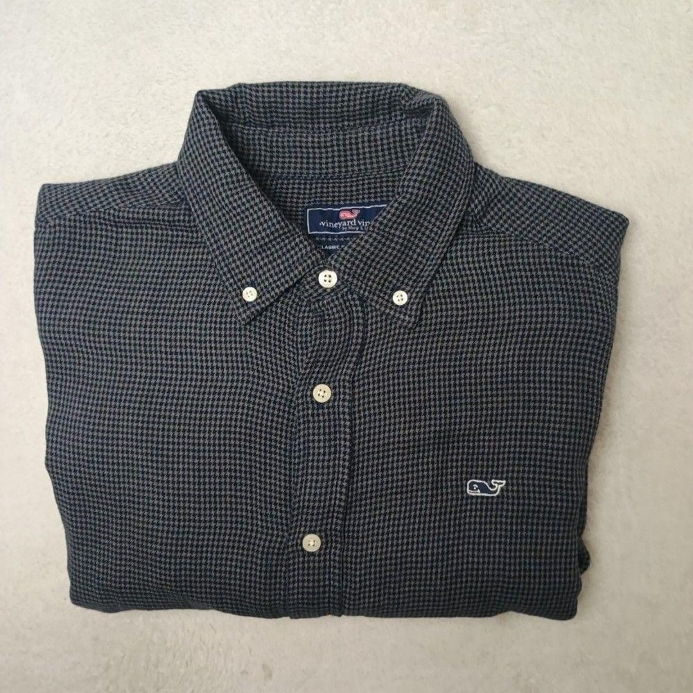 Vineyard Vines Shirt Mens M Blue Houndstooth Button-Up Classic Work Flannel